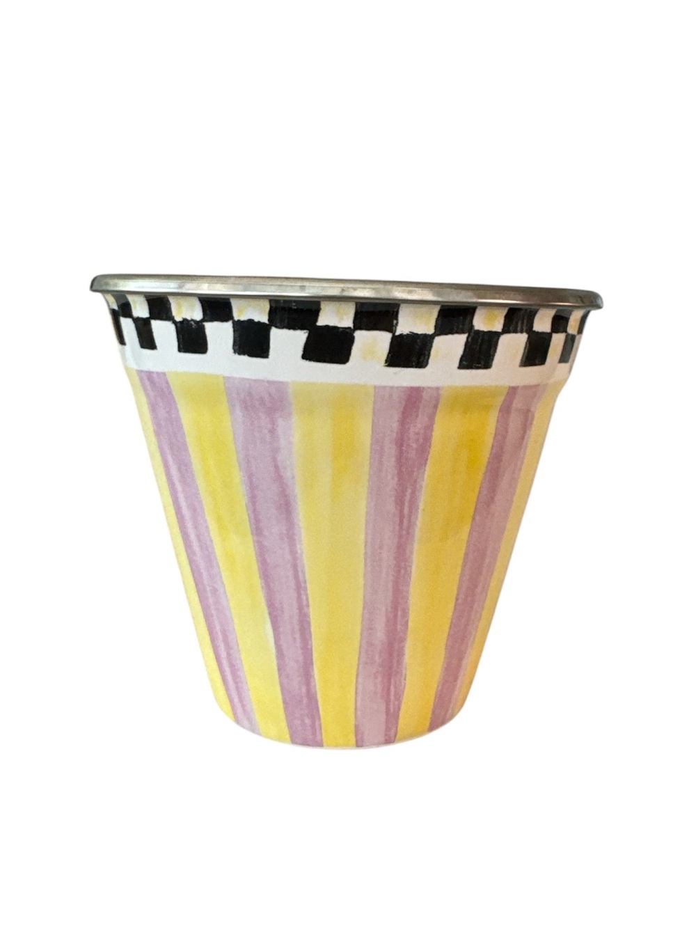 MacKenzie Childs Enamel Garden Pot Planter Pink Yellow Courtly Check Rim Retired